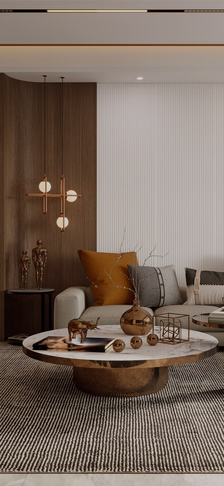 salon moderne avec table basse ronde et grand tapis en tissus