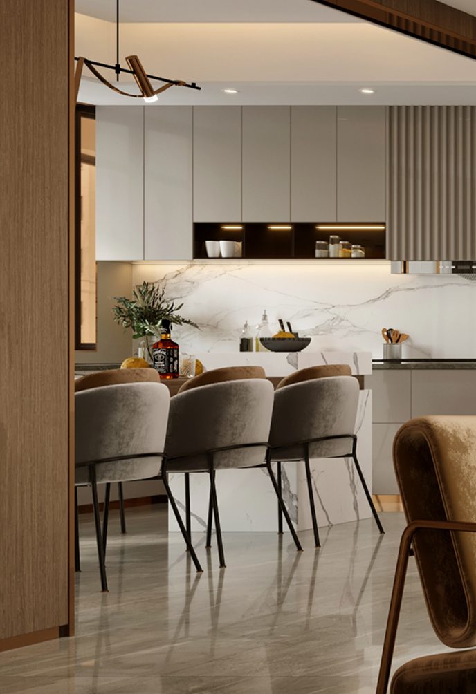 cuisine rénovation marbre et fauteuil en tissus